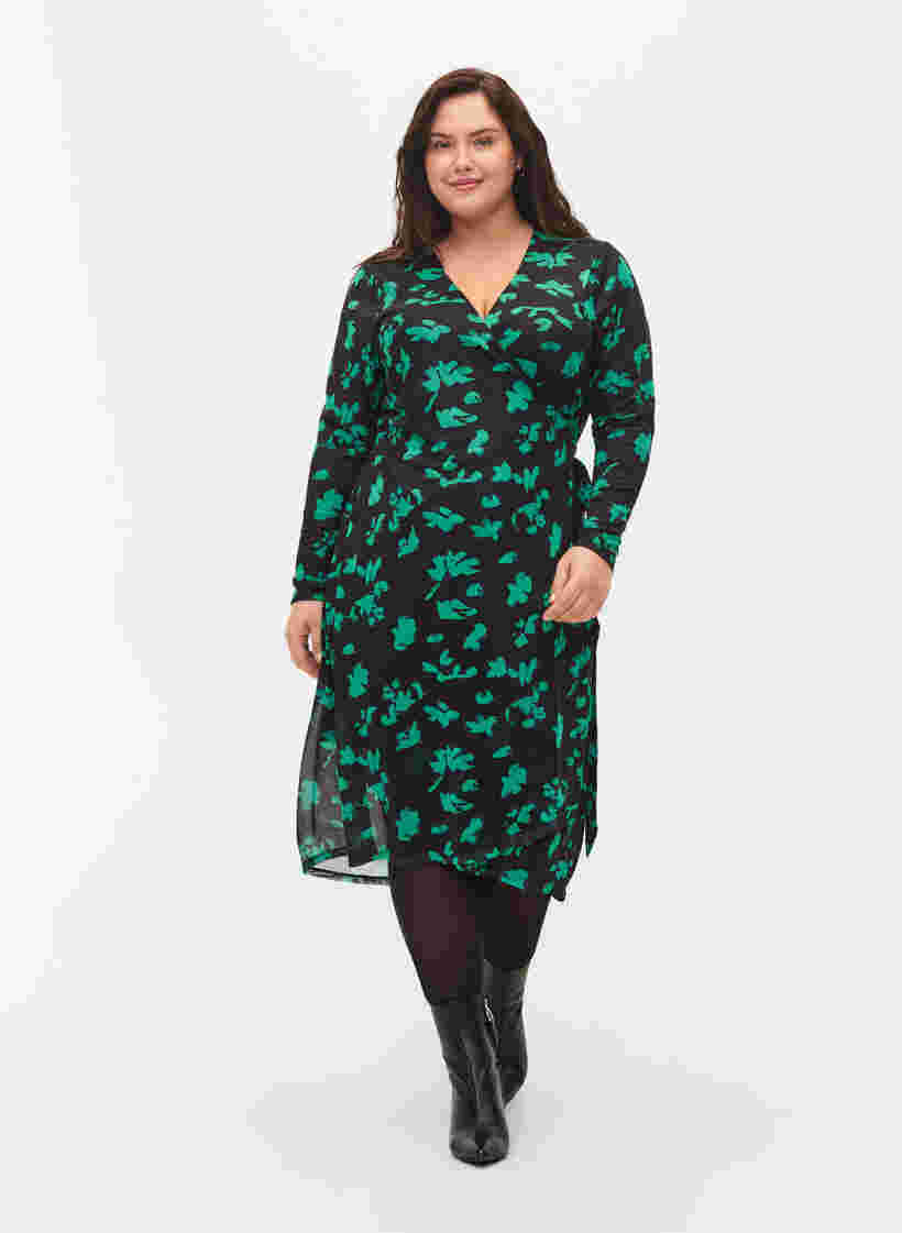 Printed wrap dress in mesh, Black Green , Model
