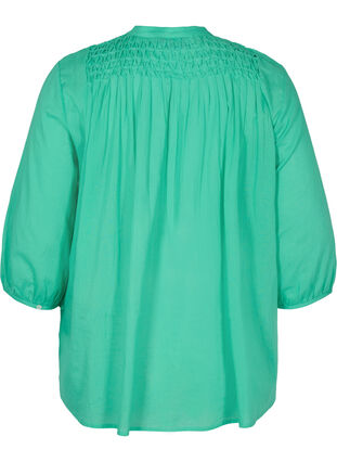 Cotton blouse with 3/4 sleeves and smock, Holly Green, Packshot image number 1