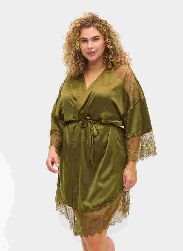 Dressing gown with lace details and tie belt, Military Olive ASS, Model image number 0