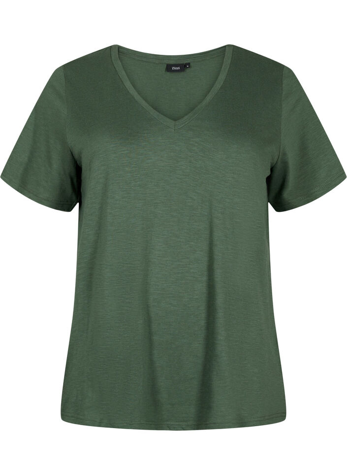 Short-sleeved basic t-shirt with v-neck, Green, Packshot image number 0