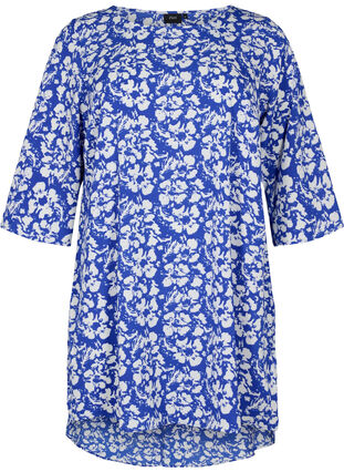 Printed dress with 3/4 sleeves, Blue White Flower, Packshot image number 0