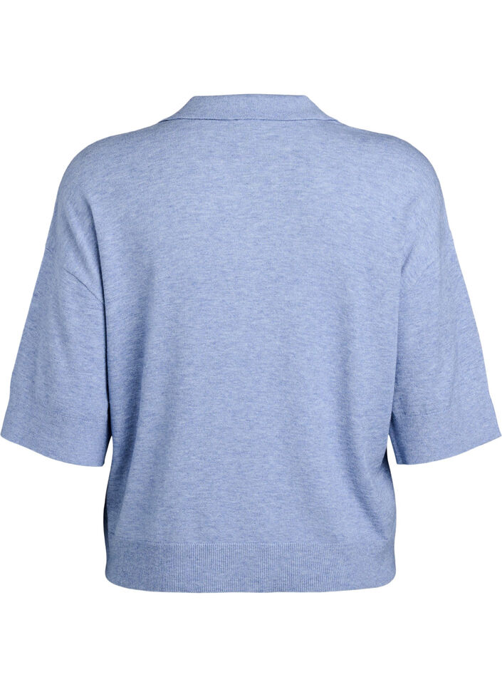 Knitted blouse with a collar and short sleeves, Blue, Packshot image number 1