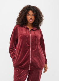 Velour cardigan with zip and hood, Cabernet, Model