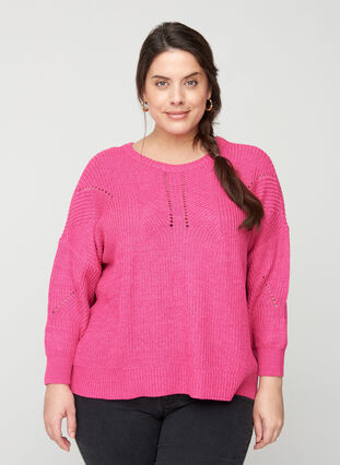 Knitted blouse with a round neck, Fuchsia Purple, Model image number 0