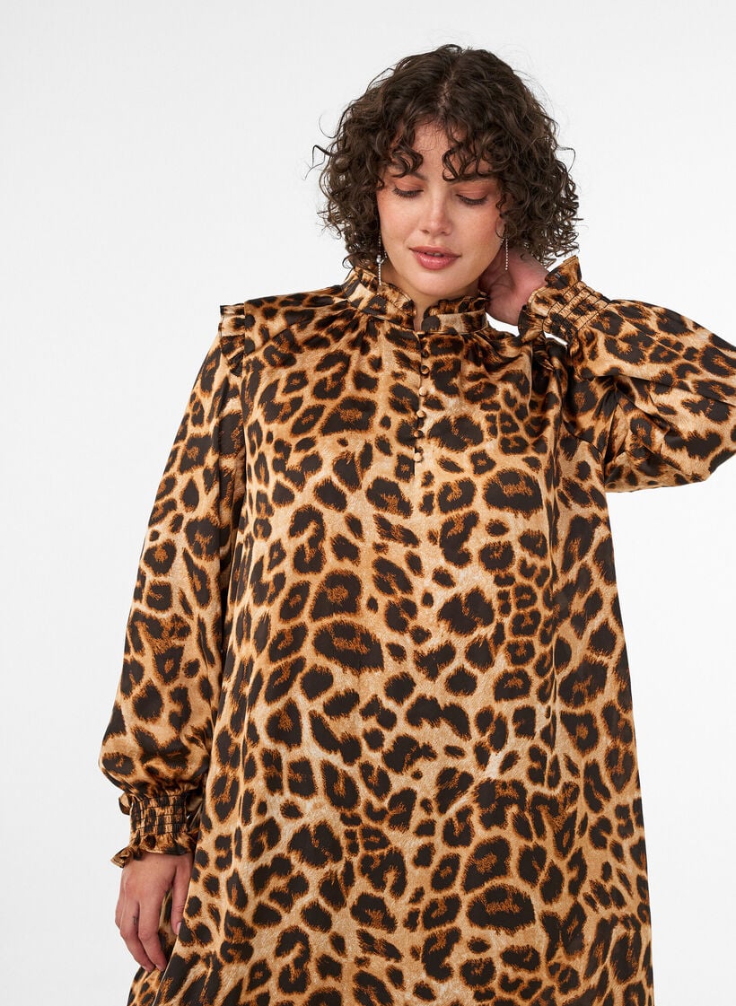 Dress with leopard print and ruffle details, Brown, Model
