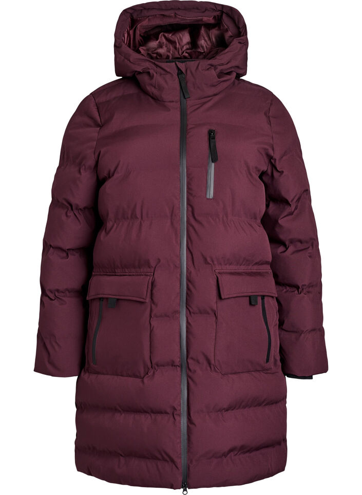 Puffer coat with hood and pockets, Dark Bordeaux, Packshot image number 0