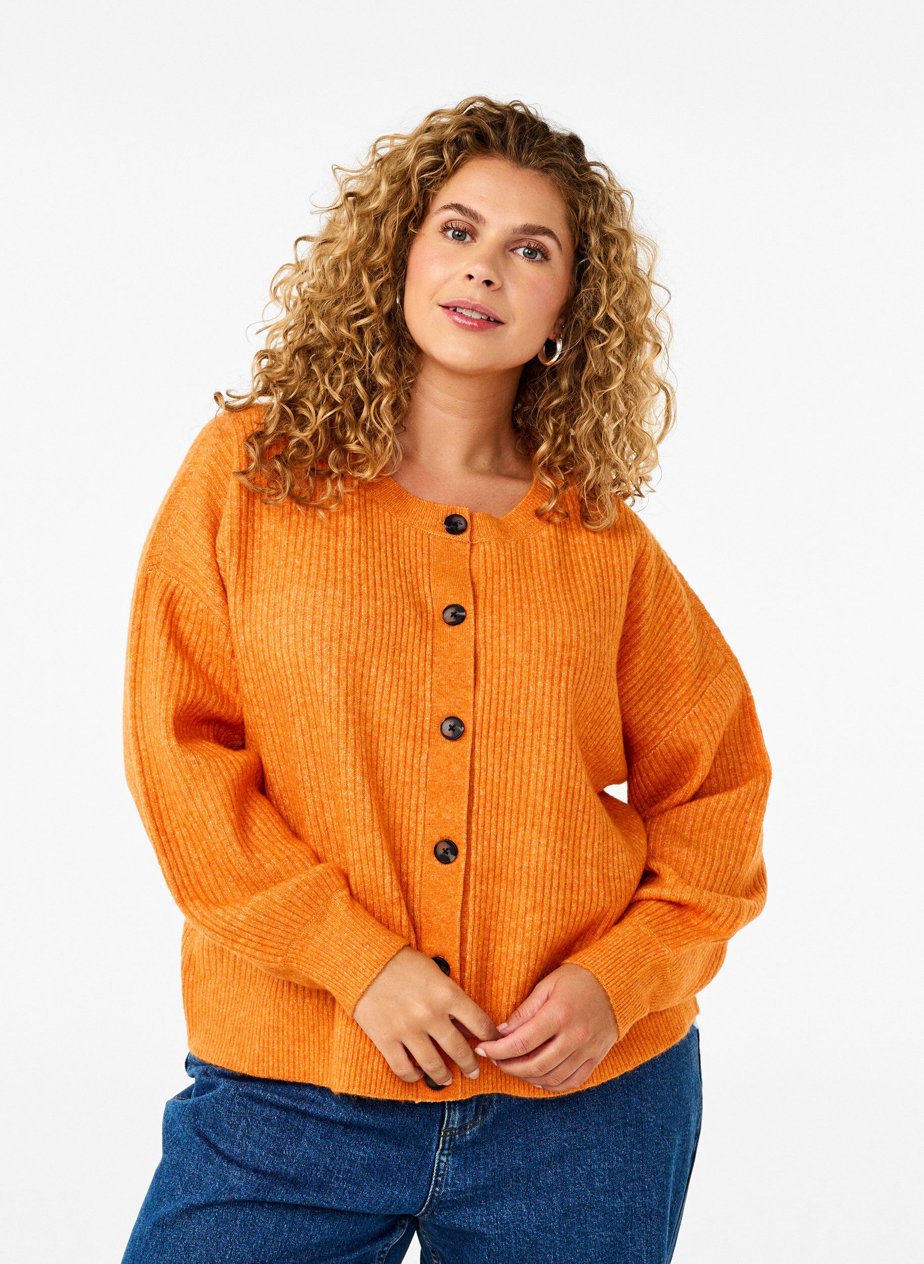 Zizzifashion Rib knit cardigan with buttons, Orange, Model image number 0