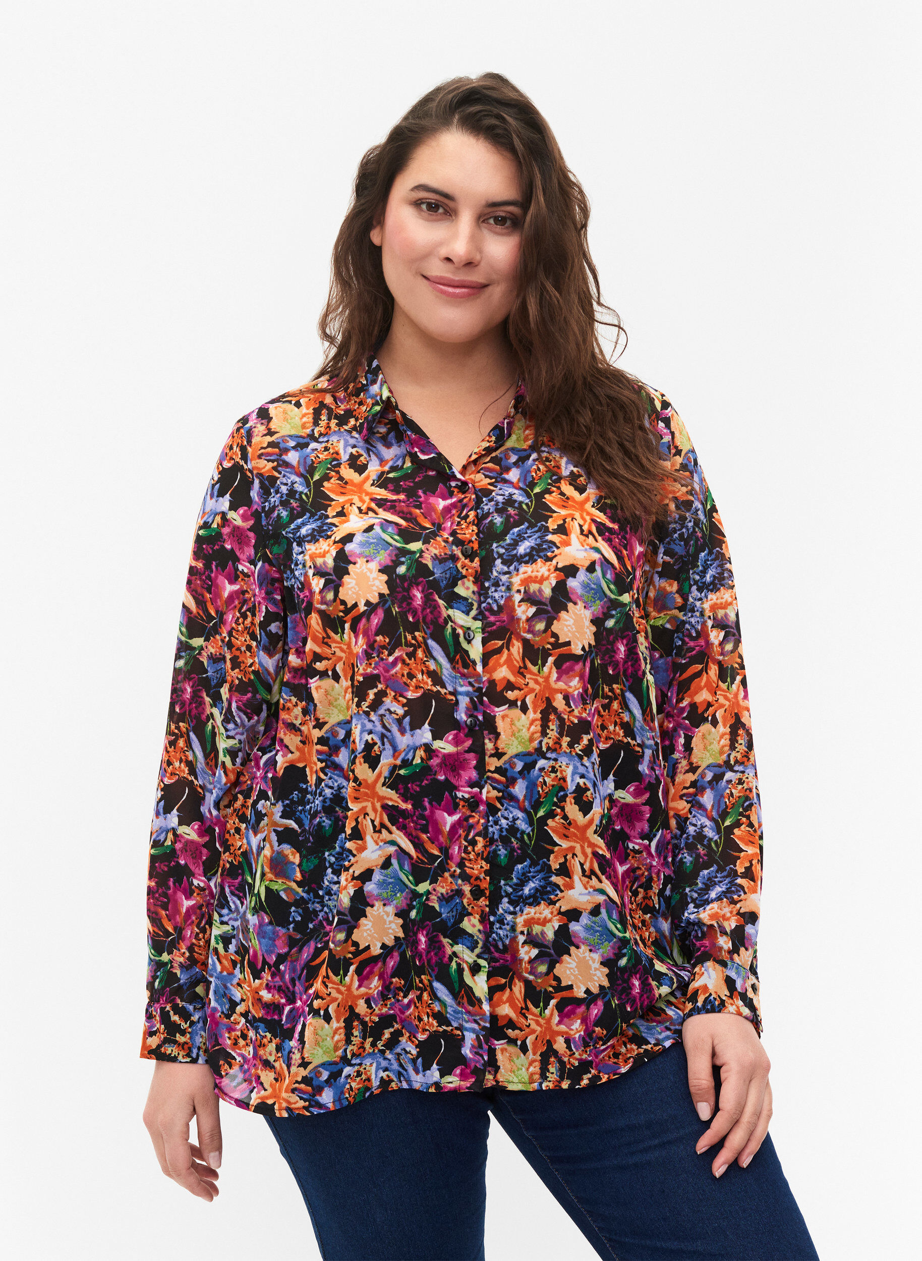 Zizzifashion FLASH - Long sleeve shirt with floral print, Orange Pink Flower , Model image number 0