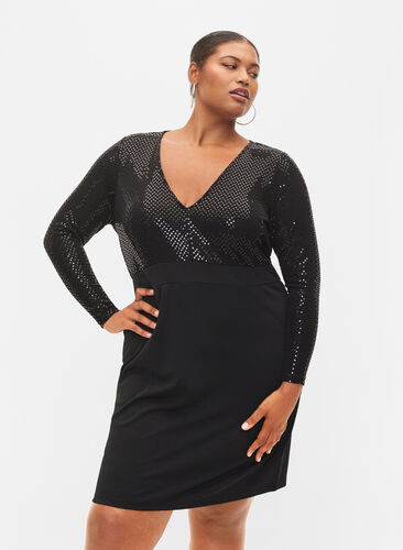 Tight-fitting dress with glitter structure, Black, Model image number 0