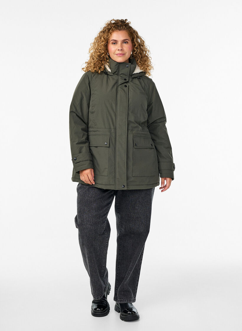 Lightweight padded parka with a teddy-lined hood, Green, Model image number 1