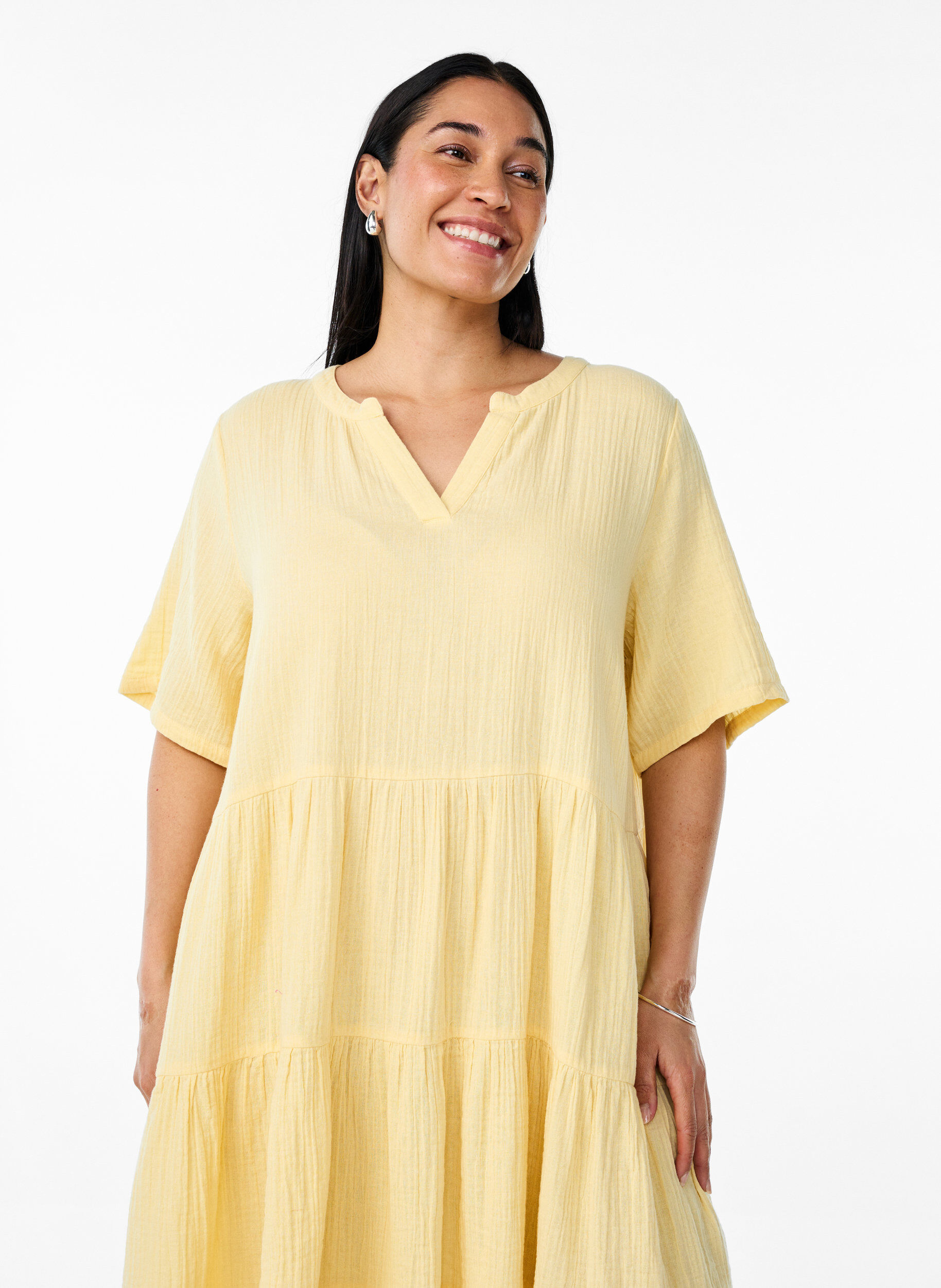 Zizzifashion Knee-length cotton muslin dress with an A-line cut, Yellow, Model image number 3