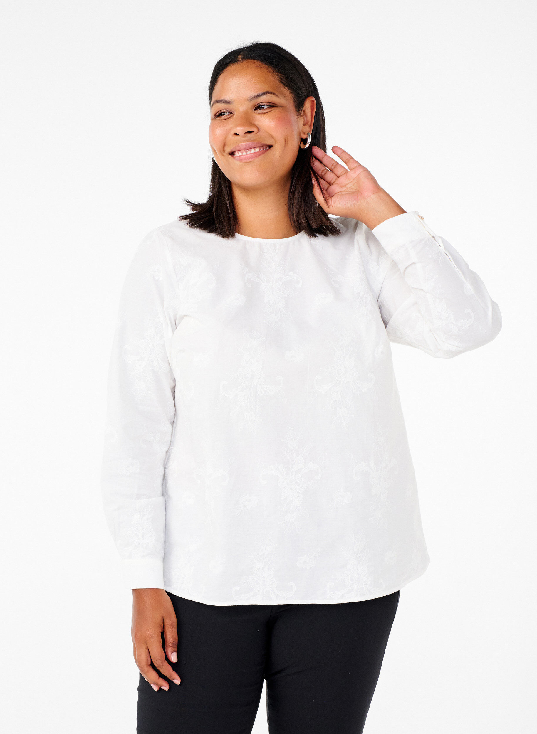 Long-sleeved blouse with embroidery, White, Model