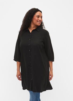 	 Long shirt with 3/4 sleeves in lyocell (TENCEL™), Black, Model image number 0