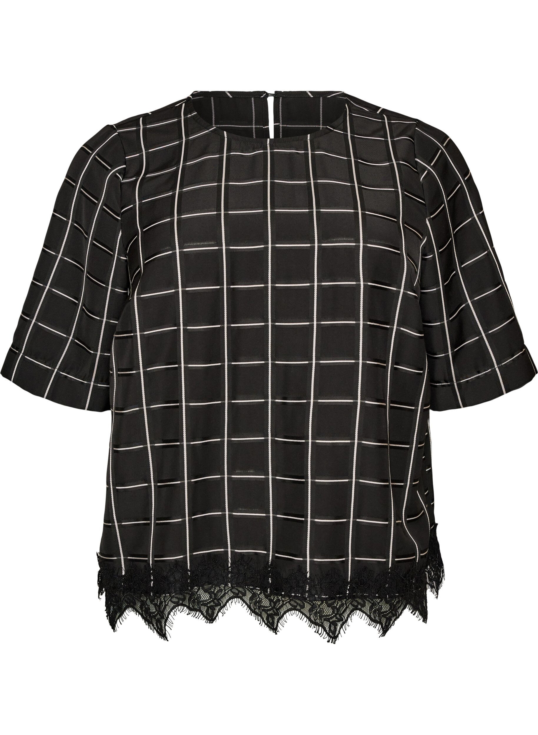 ZizzifashionChecked blouse with lace trim and elbow-length sleeves, Black, Packshot image number 0