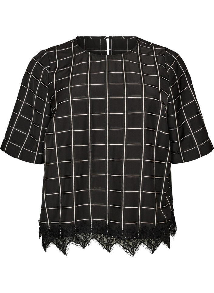 Checked blouse with lace trim and elbow-length sleeves, Black, Packshot image number 0