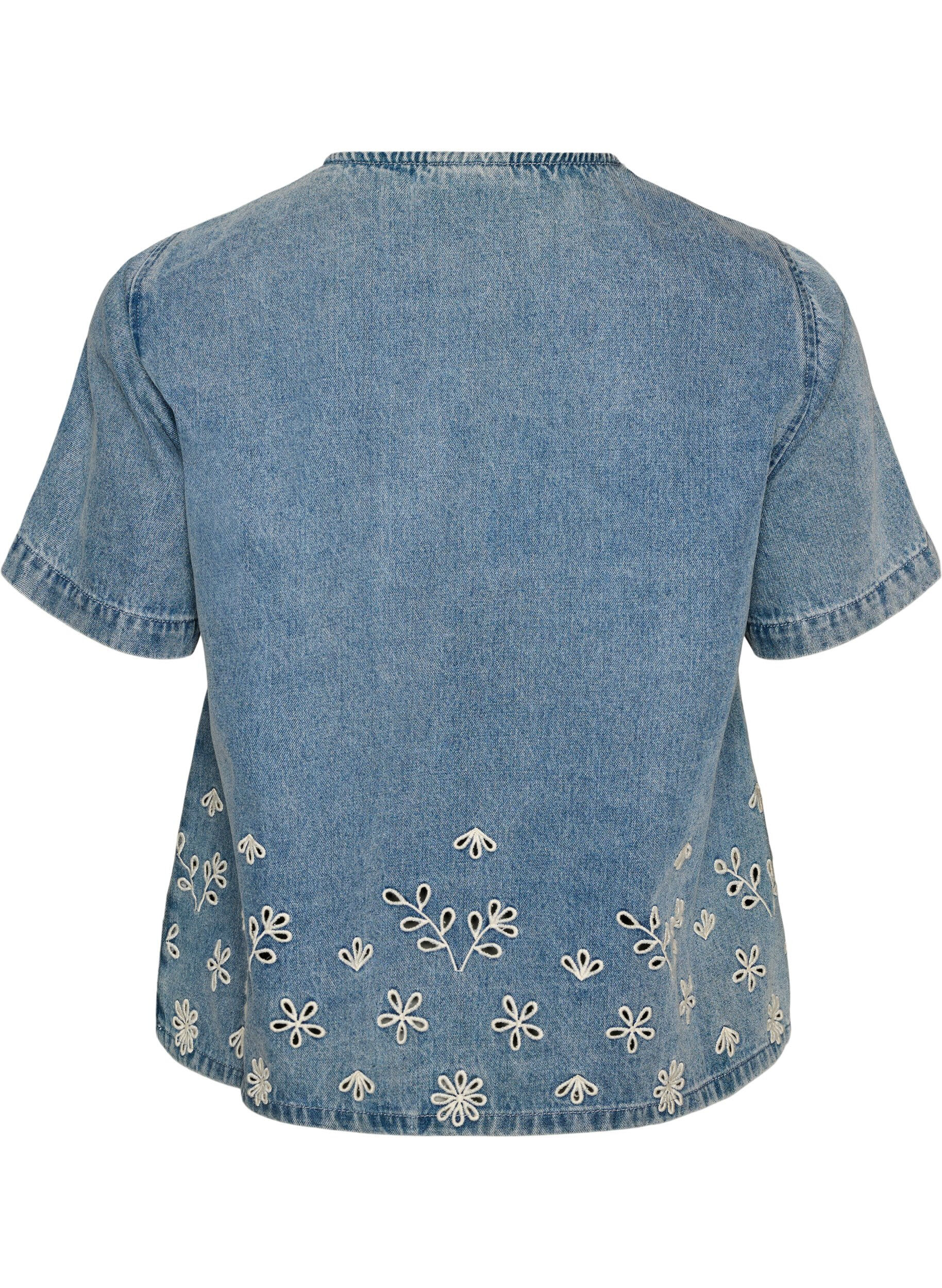 ZizzifashionShort-sleeved denim blouse with broderie anglaise, Light Blue, Packshot image number 1