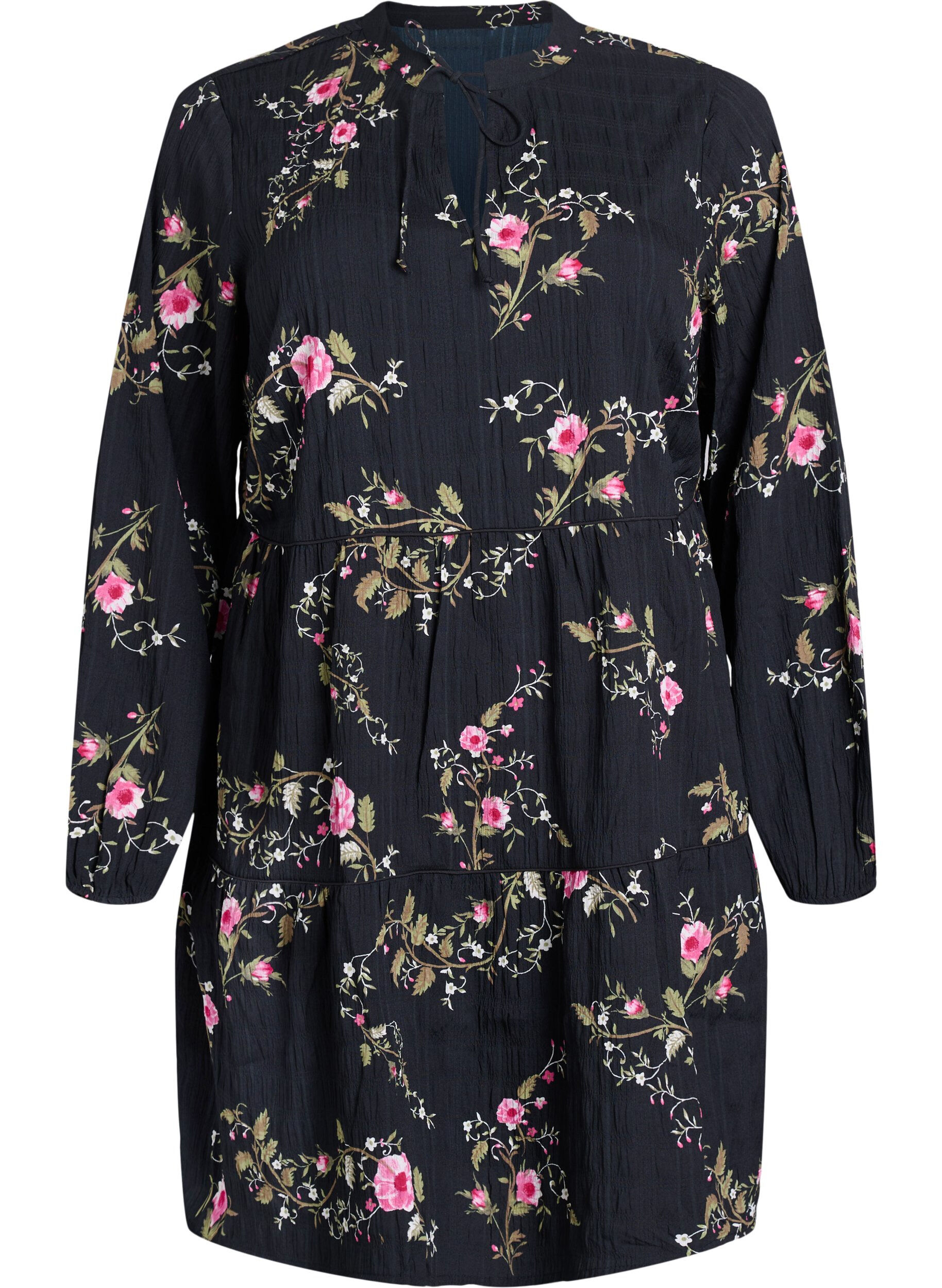 Zizzifashion Floral print dress with tie fastening, Black, Packshot image number 0