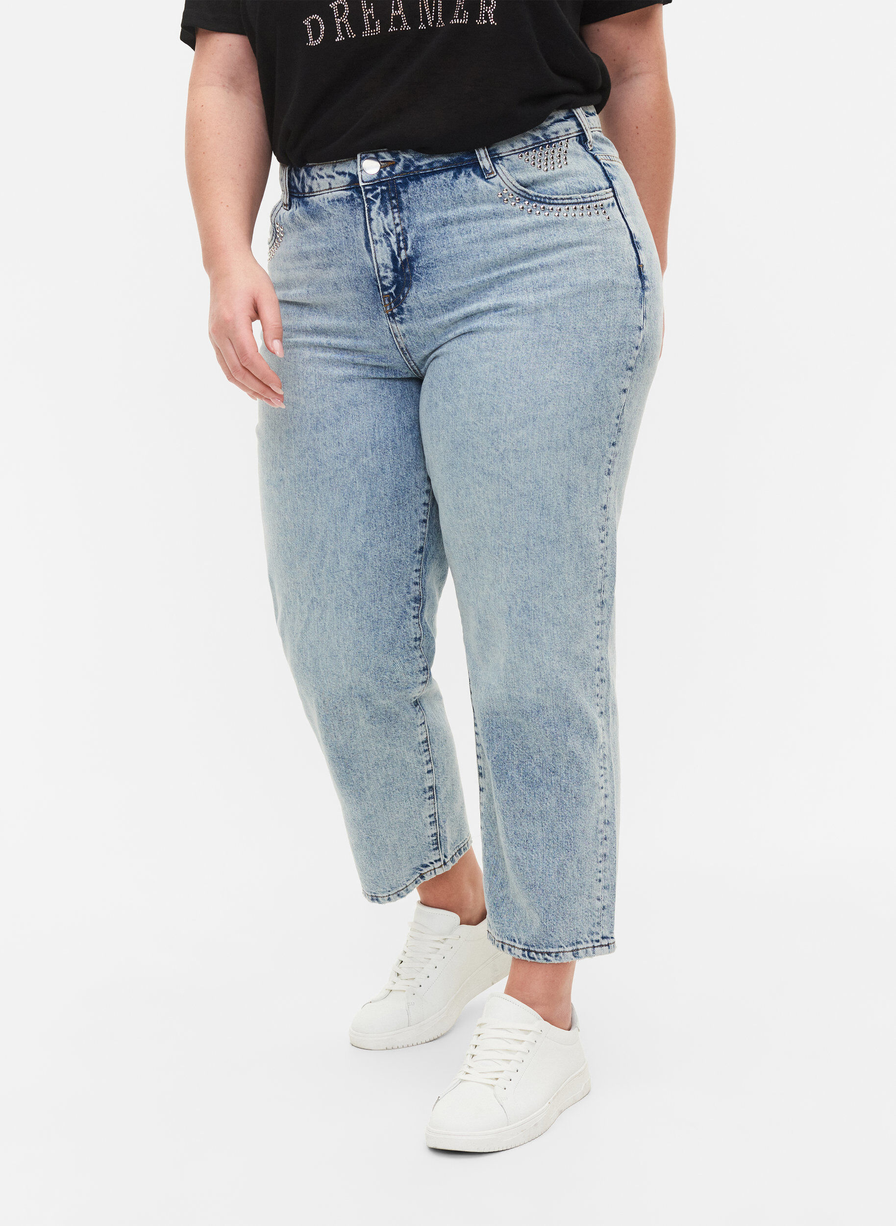 Zizzifashion Cropped Vera jeans with studs, Light blue denim, Model image number 2