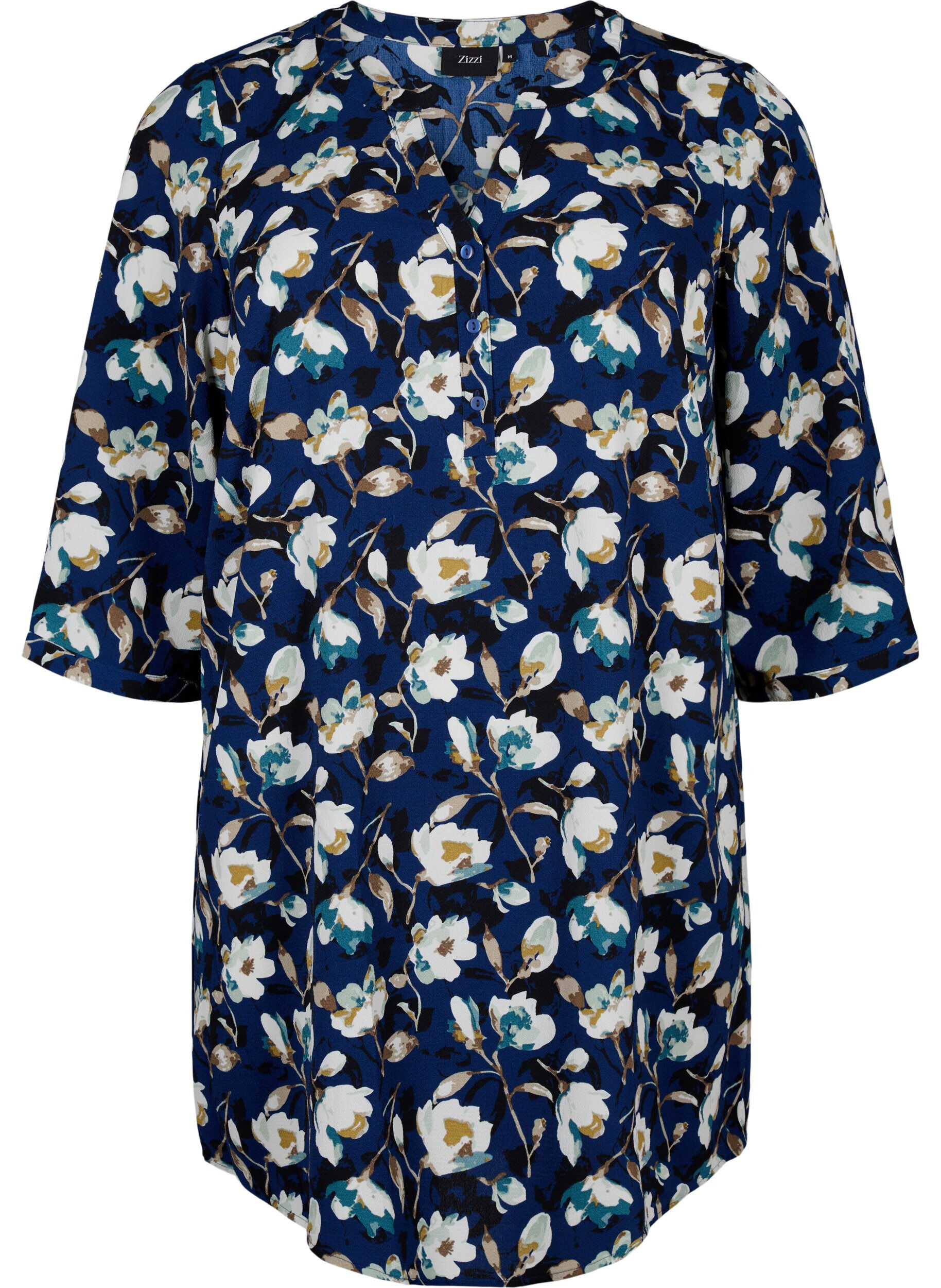Zizzifashion Floral tunic with 3/4 sleeves, P. Blue Flower AOP, Packshot image number 0