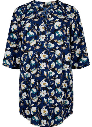 Floral tunic with 3/4 sleeves, P. Blue Flower AOP, Packshot image number 0