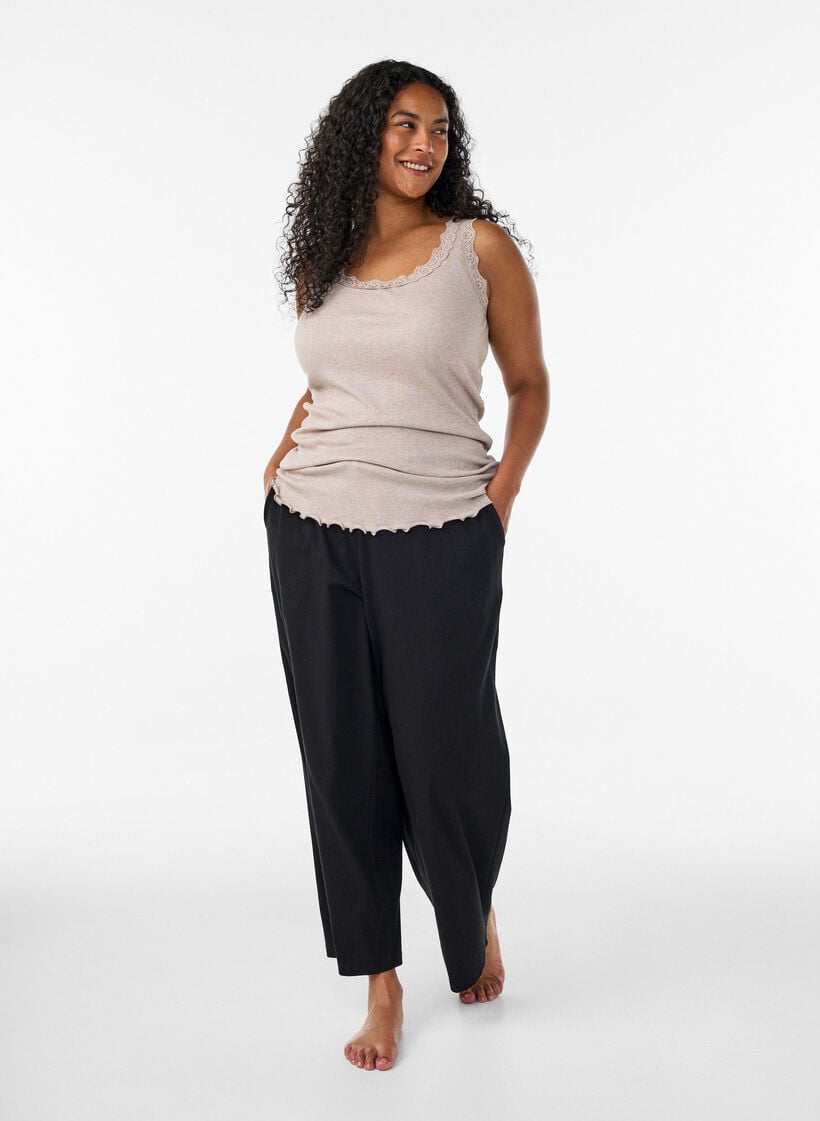 Ribbed top with lace trim, Beige, Model image number 1