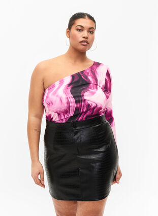 Faux leather skirt with animal print, Black, Model image number 0