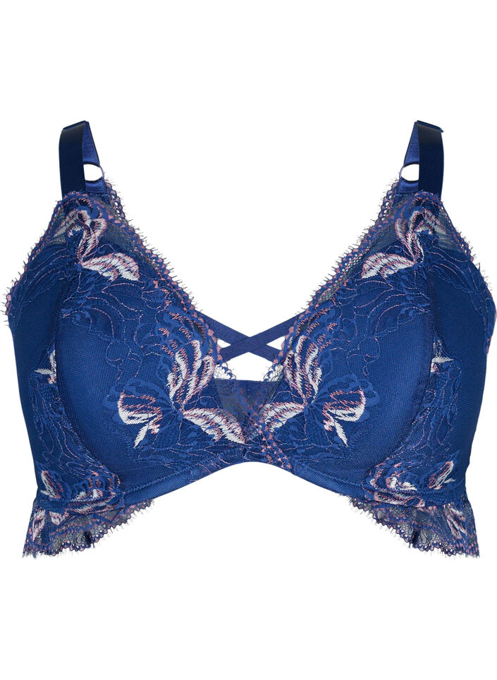 Lace bra with string detail and padding, Blue, Packshot image number 0