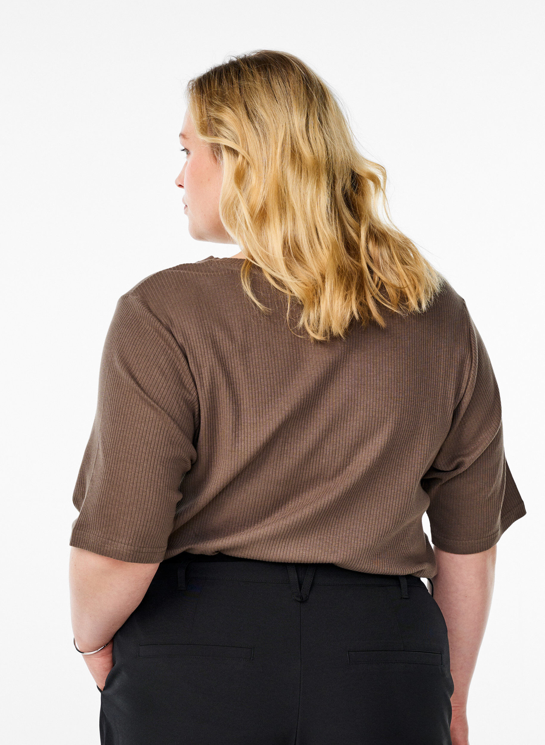 ZizzifashionRibbed jersey blouse with short sleeves, Brown, Model image number 2