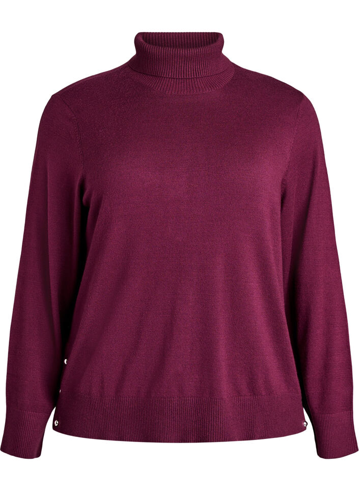 Knitted blouse with turtleneck and side buttons, Dark Bordeaux, Packshot image number 0