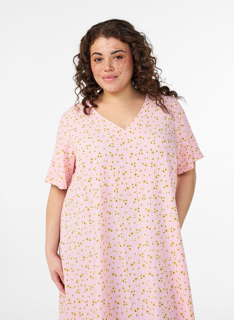 FLASH - Short-sleeved dress with V-neck, Rose, Model image number 2