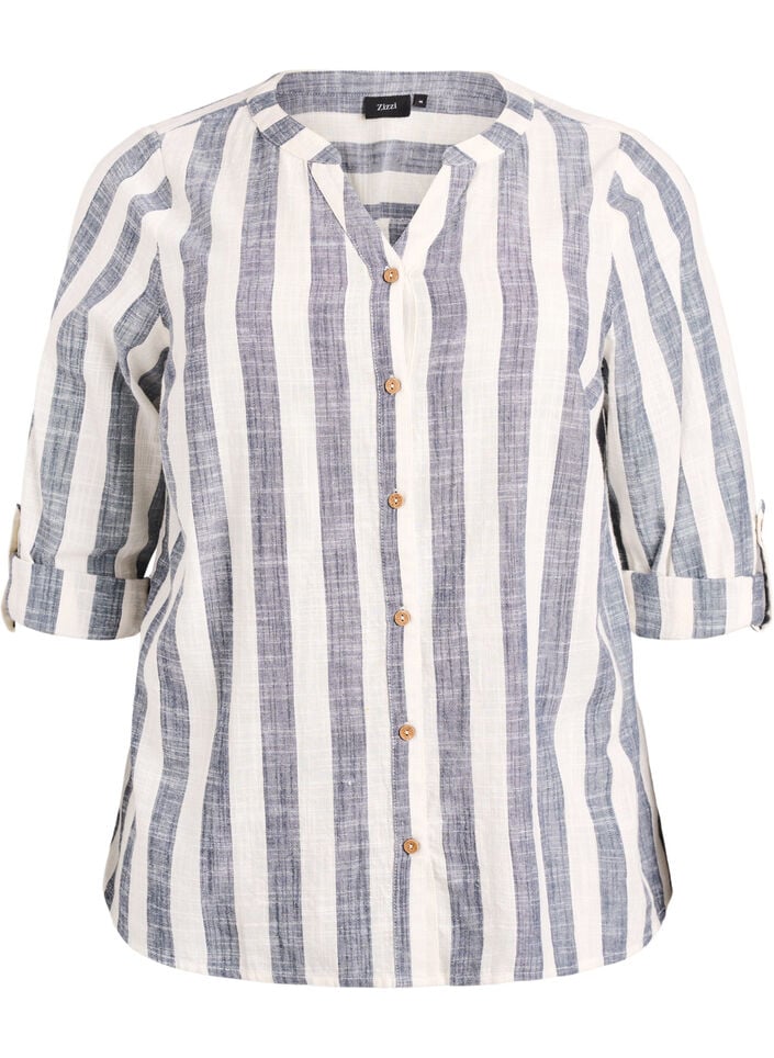 Cotton shirt blouse with V-neck, Blue, Packshot image number 0