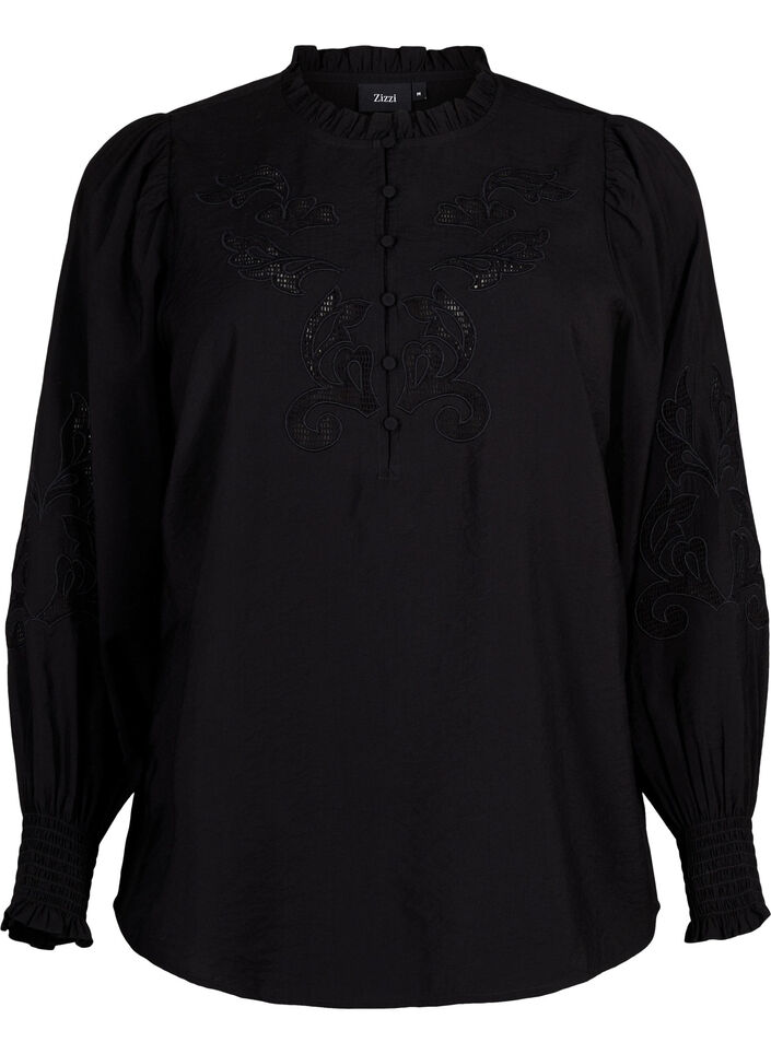 Blouse with ruffles and broderie anglaise, Black, Packshot image number 0