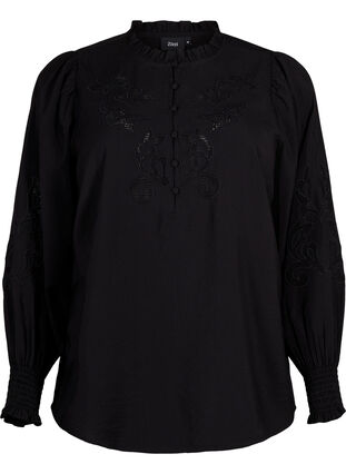 Blouse with ruffles and broderie anglaise, Black, Packshot image number 0