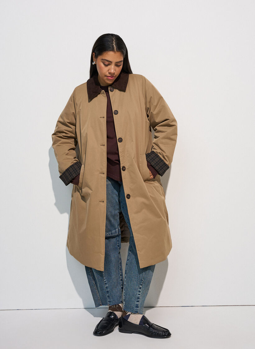 Mid-length jacket with corduroy collar, Beige, Model