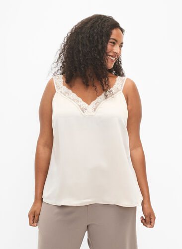 FLASH - Top with v-neck and lace edge, Fog, Model image number 0