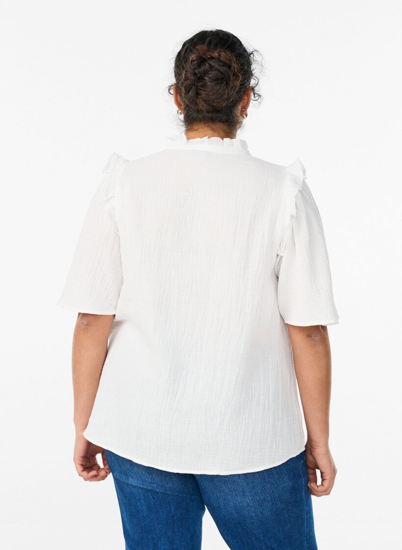 Blouse in cotton muslin with broderie anglaise and 1/2 sleeves, White, Model image number 2