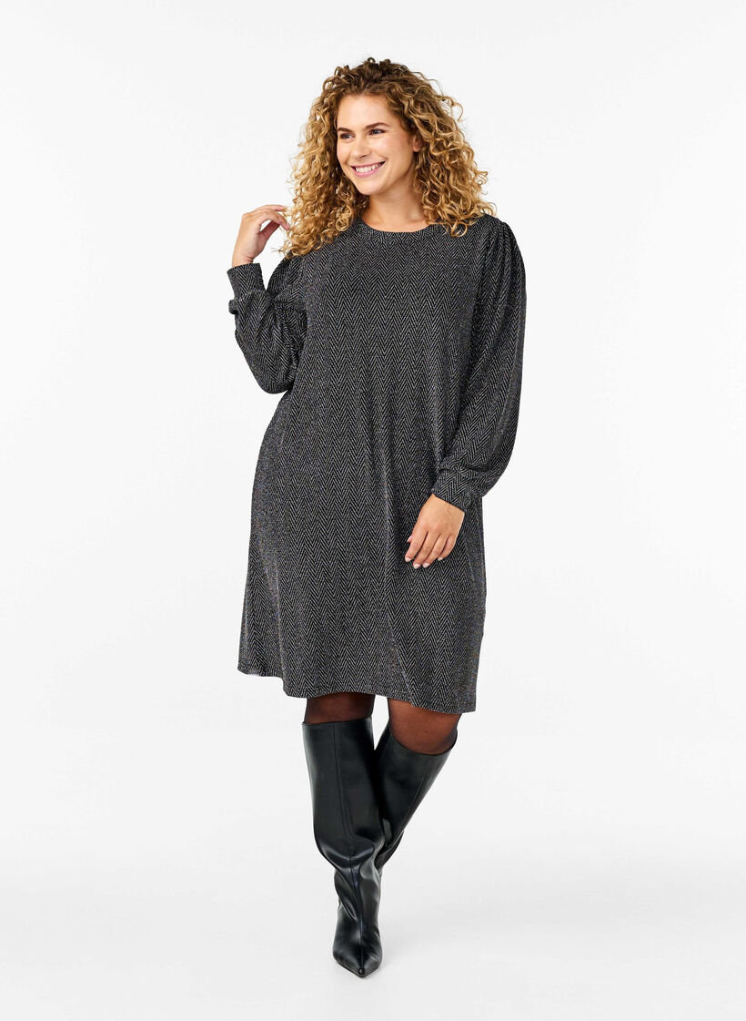 Dress with zigzag pattern and glitter, Silver ZigZagShimmer, Model image number 2