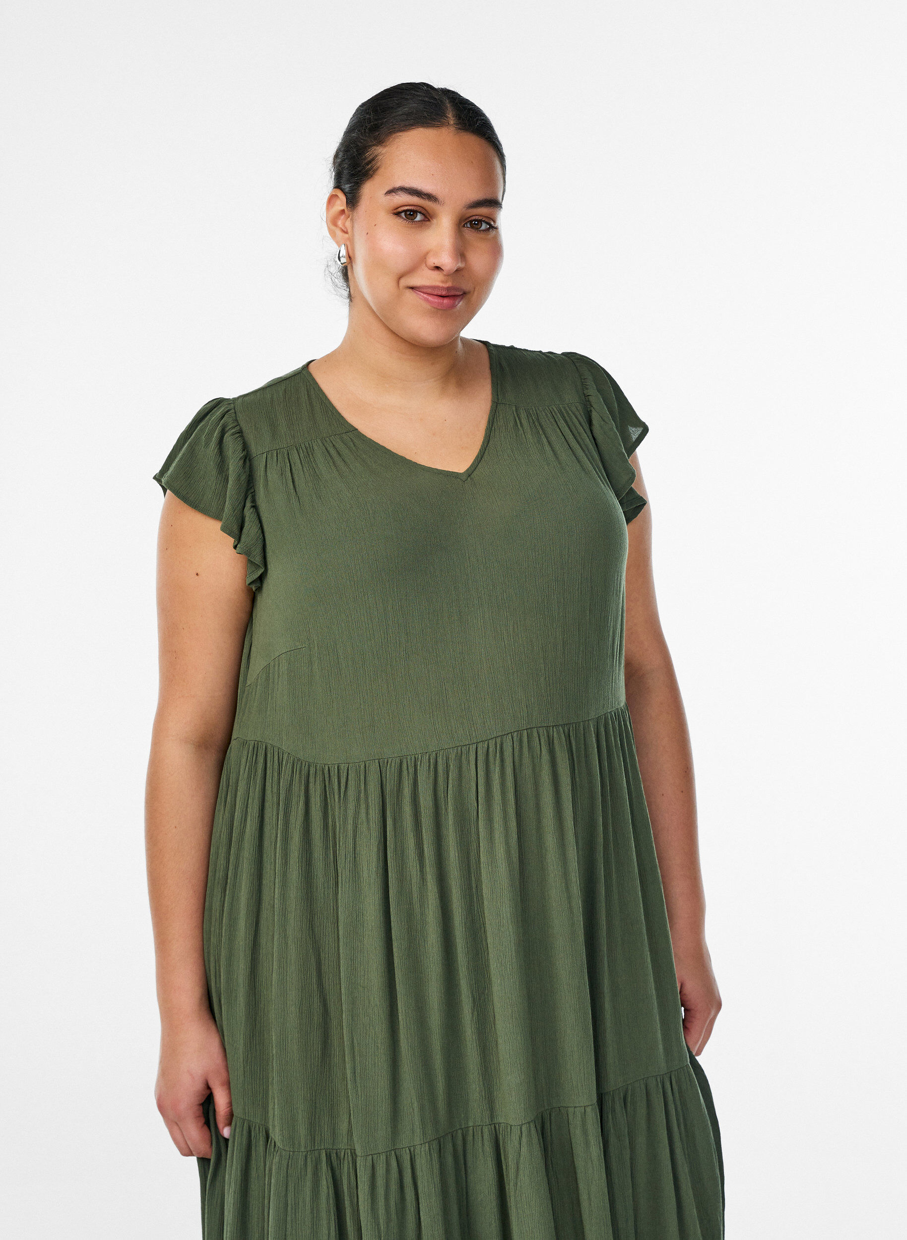 ZizzifashionMidi dress in viscose with ruffle sleeves, Green, Model image number 3