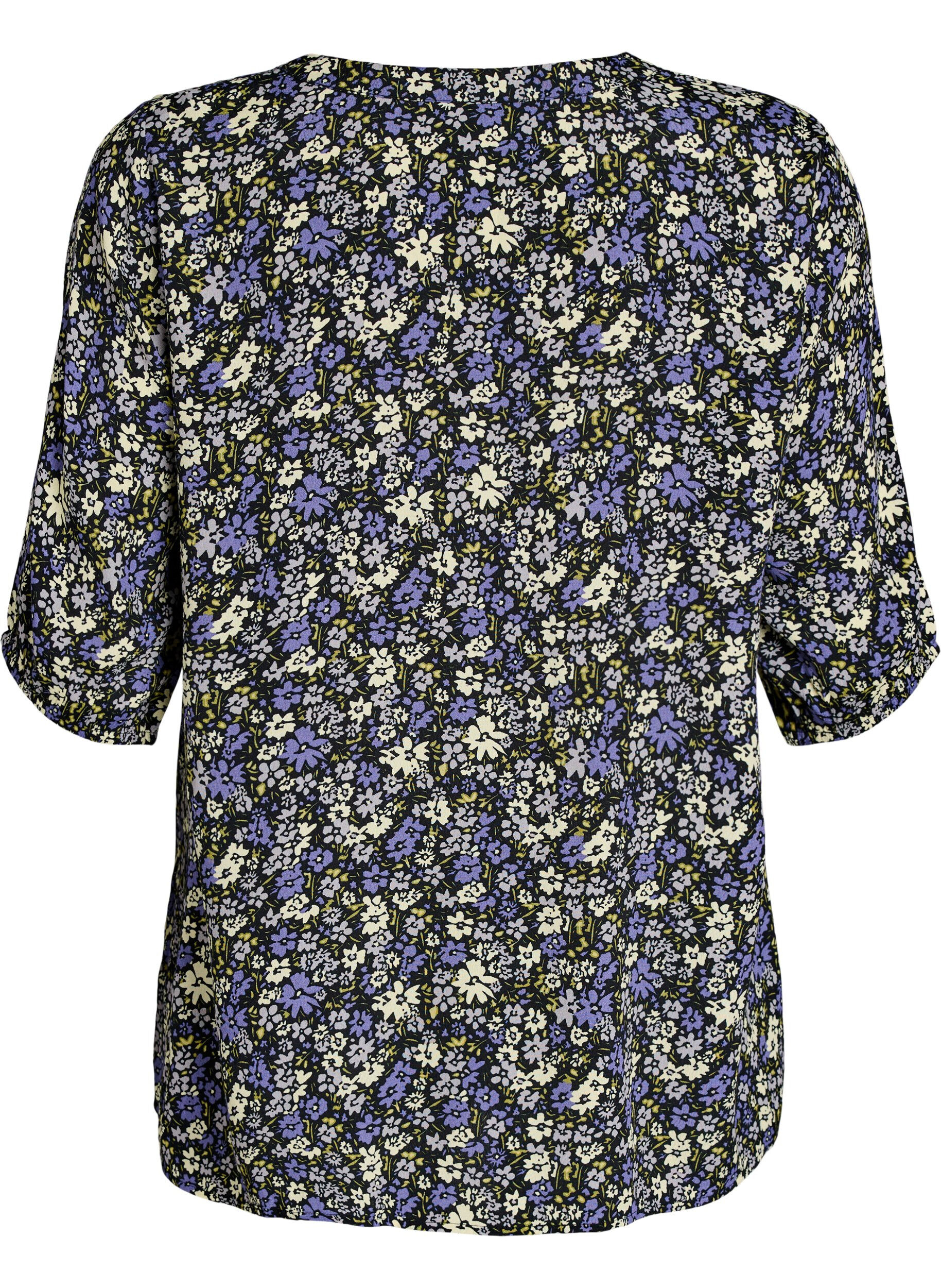 Zizzifashion Viscose blouse with print and button fastening, Black, Packshot image number 1