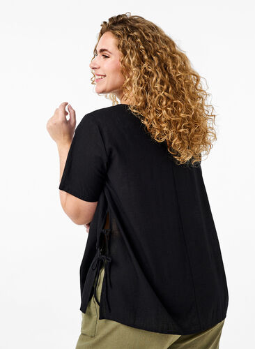 Short-sleeved blouse in a cotton blend with linen and lace detail, Black, Model image number 1
