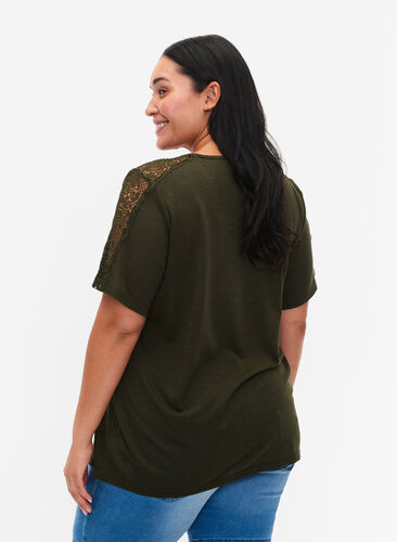 Short-sleeved blouse with lace and v-neck, Forest Night, Model image number 1
