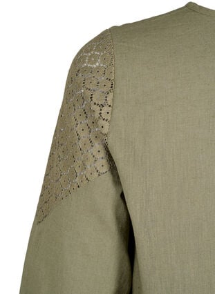 Blouse in a cotton mix with linen and crochet detail, Deep Lichen Green, Packshot image number 3