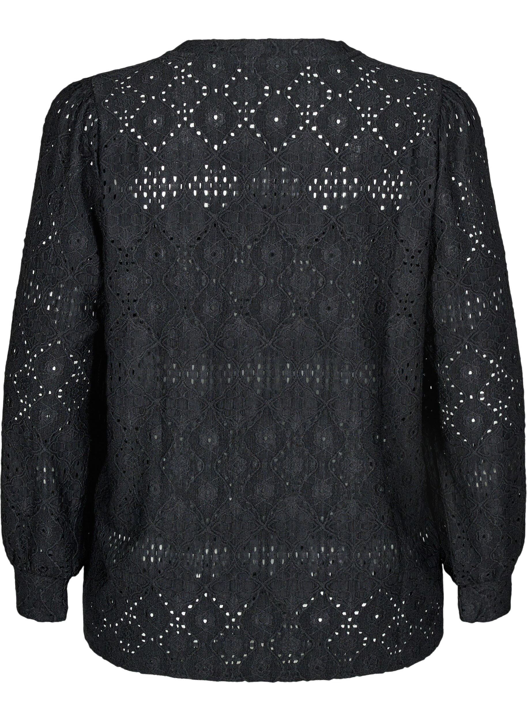 Zizzifashion Long-sleeved blouse with an openwork pattern, Black, Packshot image number 1