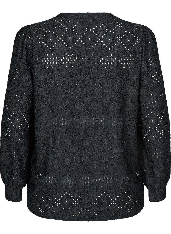 Long-sleeved blouse with an openwork pattern, Black, Packshot image number 1