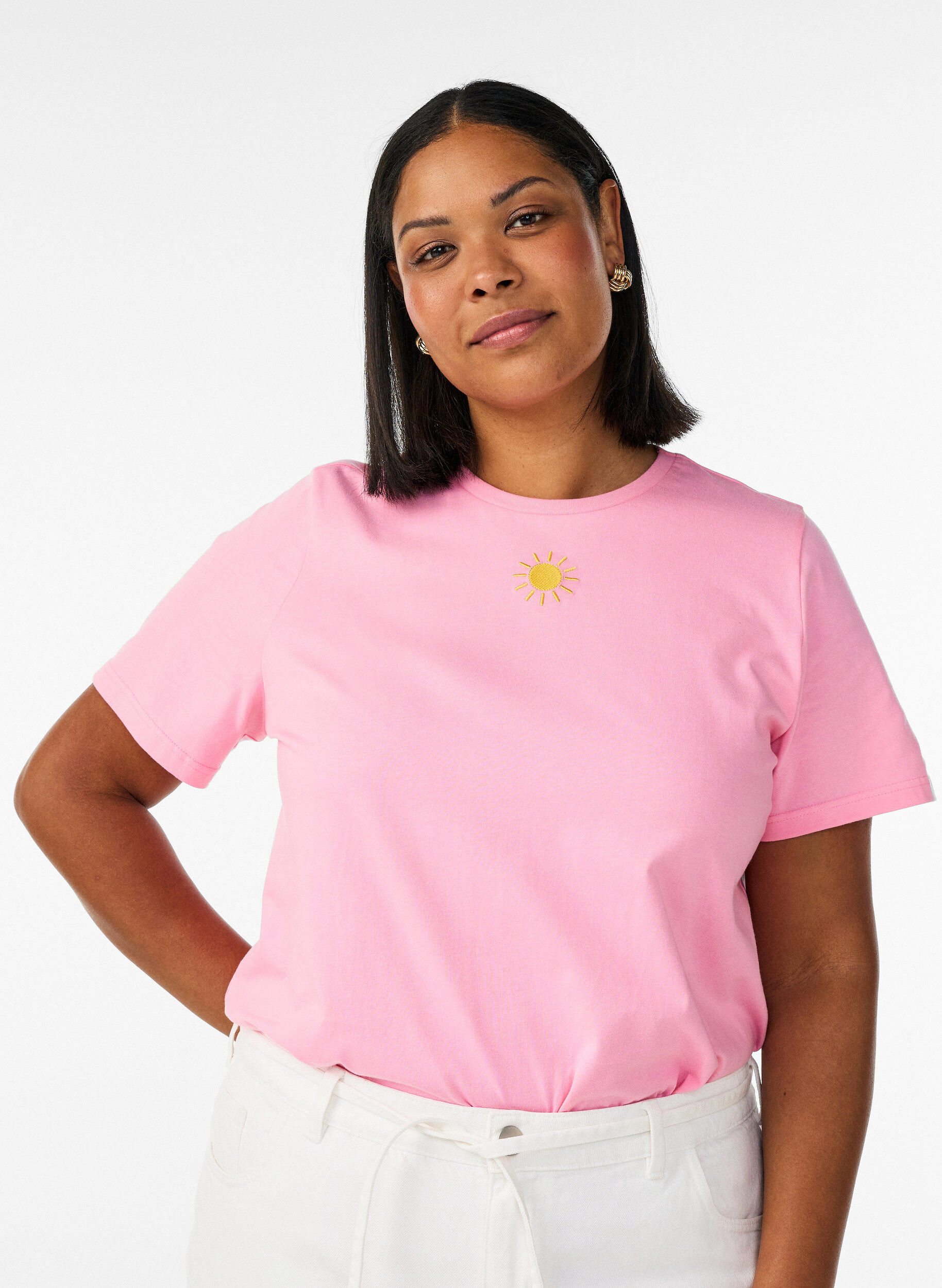 ZizzifashionOrganic cotton T-shirt with text motif, Pink, Model image number 0