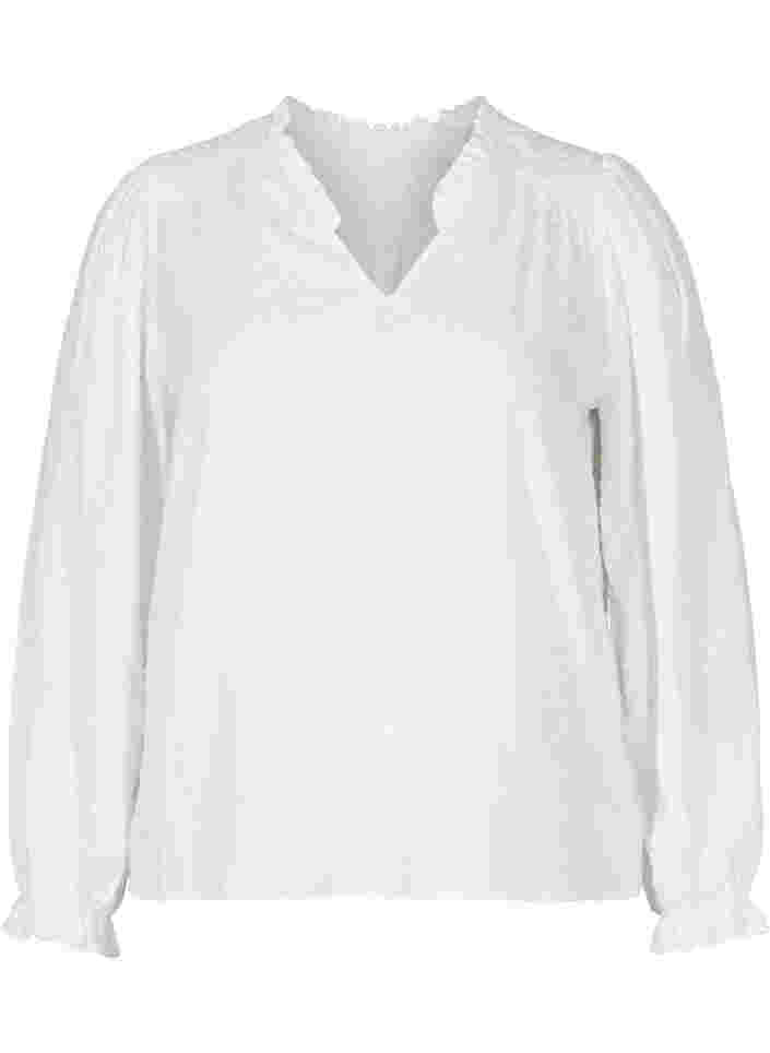 Long-sleeved blouse with smock and ruffle details, Bright White, Packshot image number 0