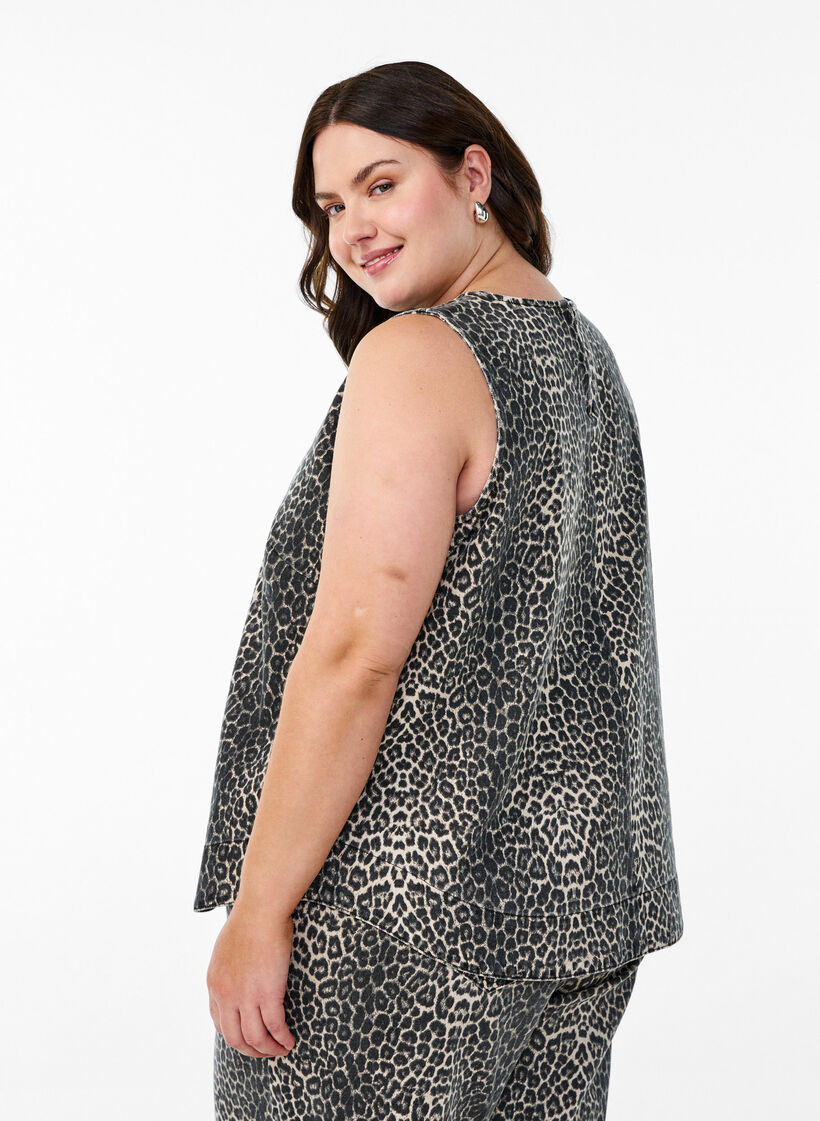 Sleeveless leopard print denim top, Brown, Model image number 2