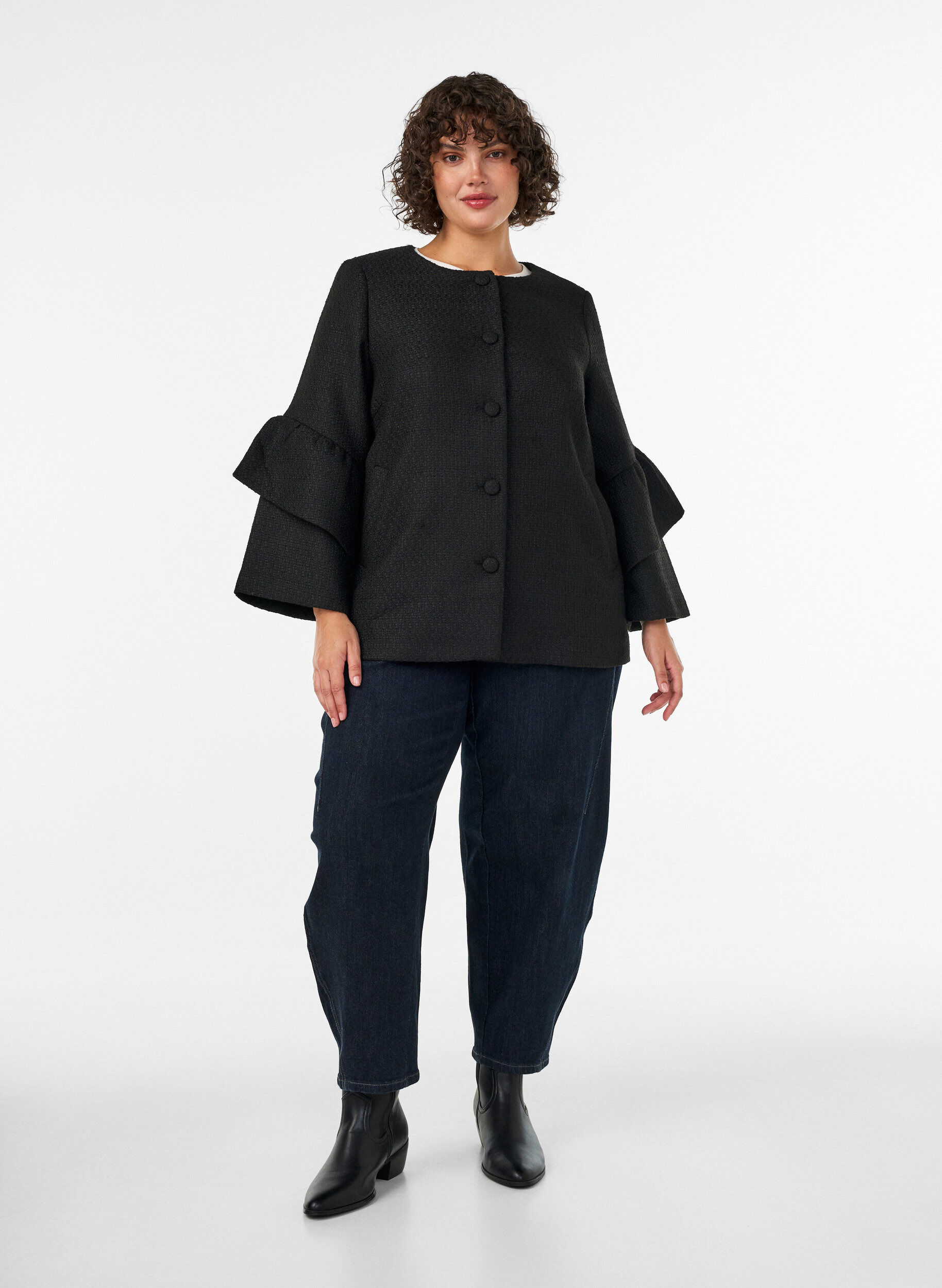 ZizzifashionBoucl&eacute; jacket with ruffle details, Black, Model image number 1