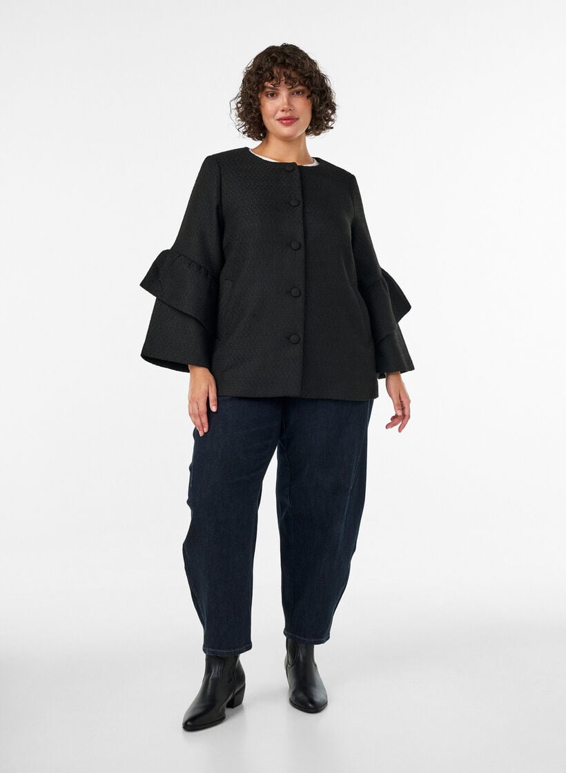 Boucl&eacute; jacket with ruffle details, Black, Model image number 1