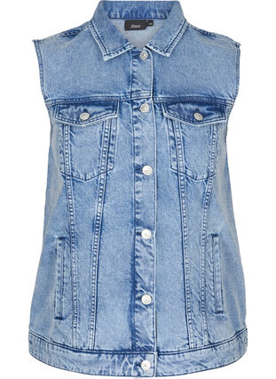 Denim vest with pockets and embroidery, Blue Denim Washed, Packshot image number 0
